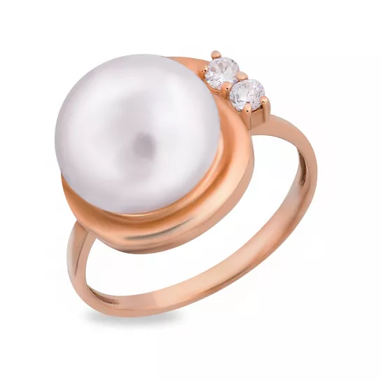 Кольцо с жемчугом и фианитом из золота
